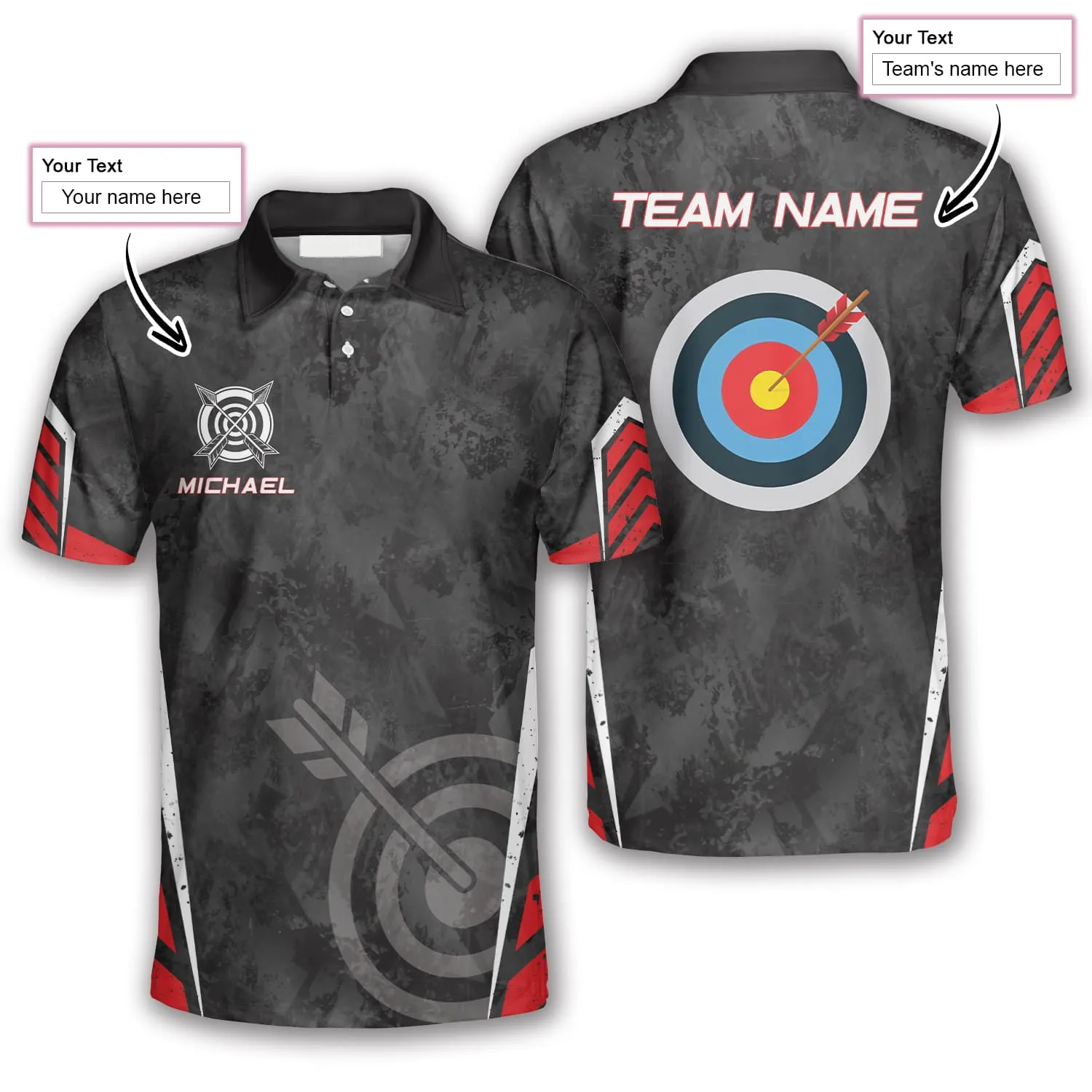 Archery Target Red Black Grunge Style Custom Archery Polo Shirts for Men