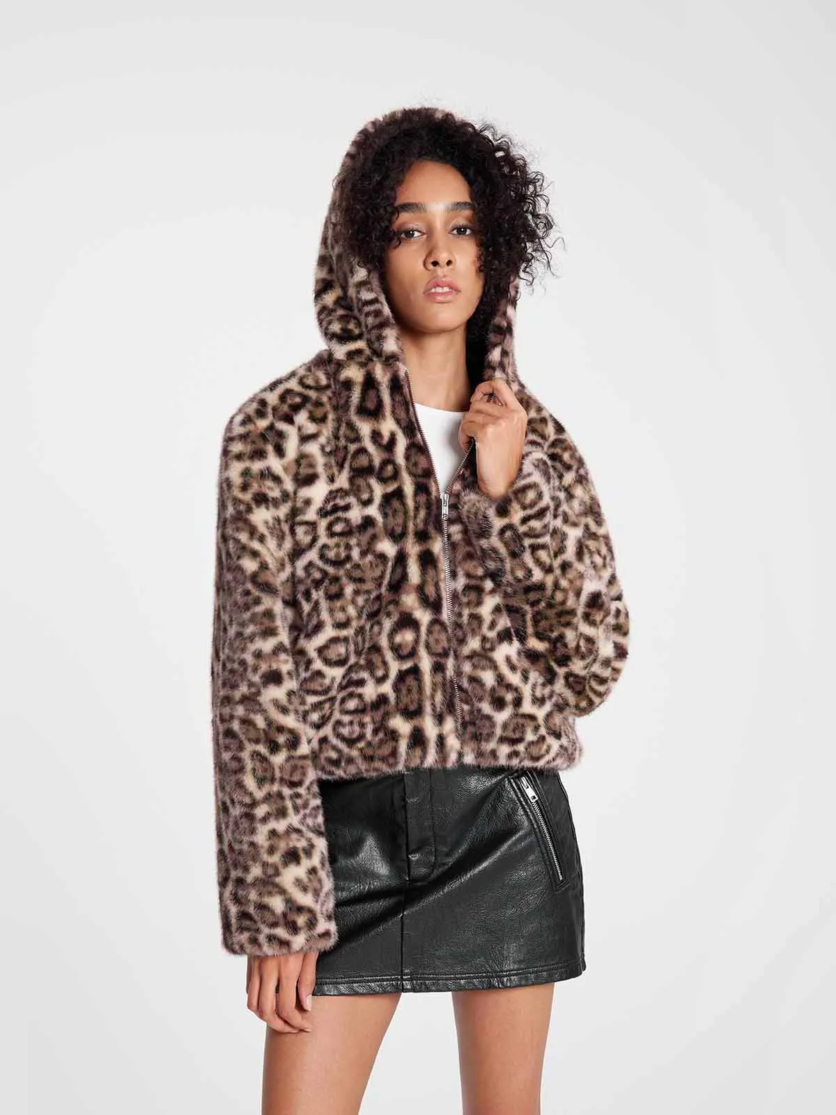 ASOBIO Leopard Print Faux Mink Hooded Jacket