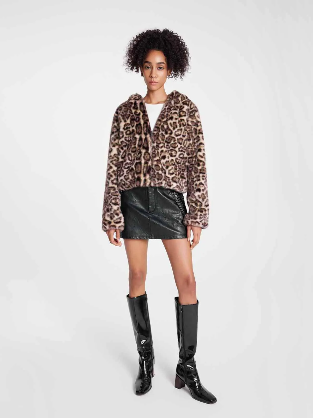 ASOBIO Leopard Print Faux Mink Hooded Jacket