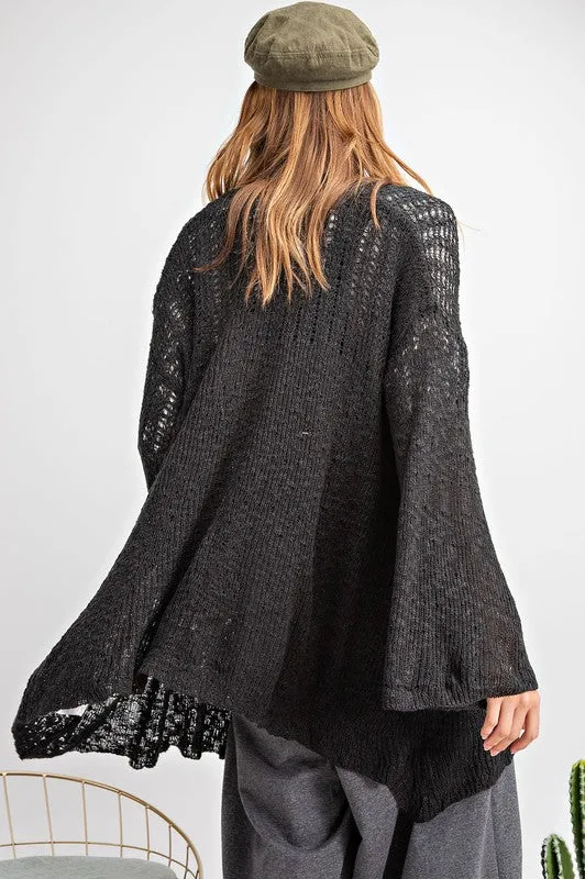 Black Open Knit Sweater Cardigan with Bell Sleeves S-L