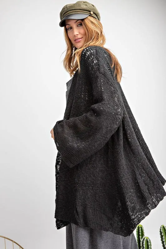 Black Open Knit Sweater Cardigan with Bell Sleeves S-L