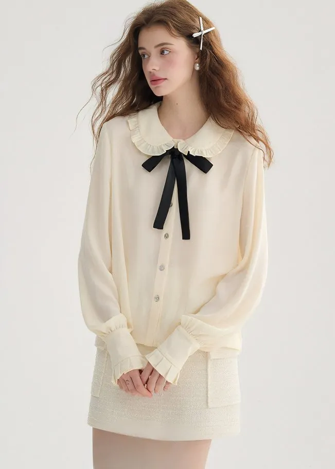 BLACK RIBBON RUFFLE SHIRT