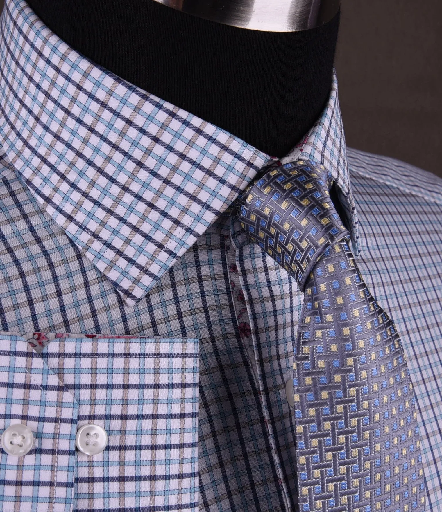 Blue Gingham Check Plaid Formal Business Dress Shirt Button Cuff Spread Collar Paisley Floral Inner Lining