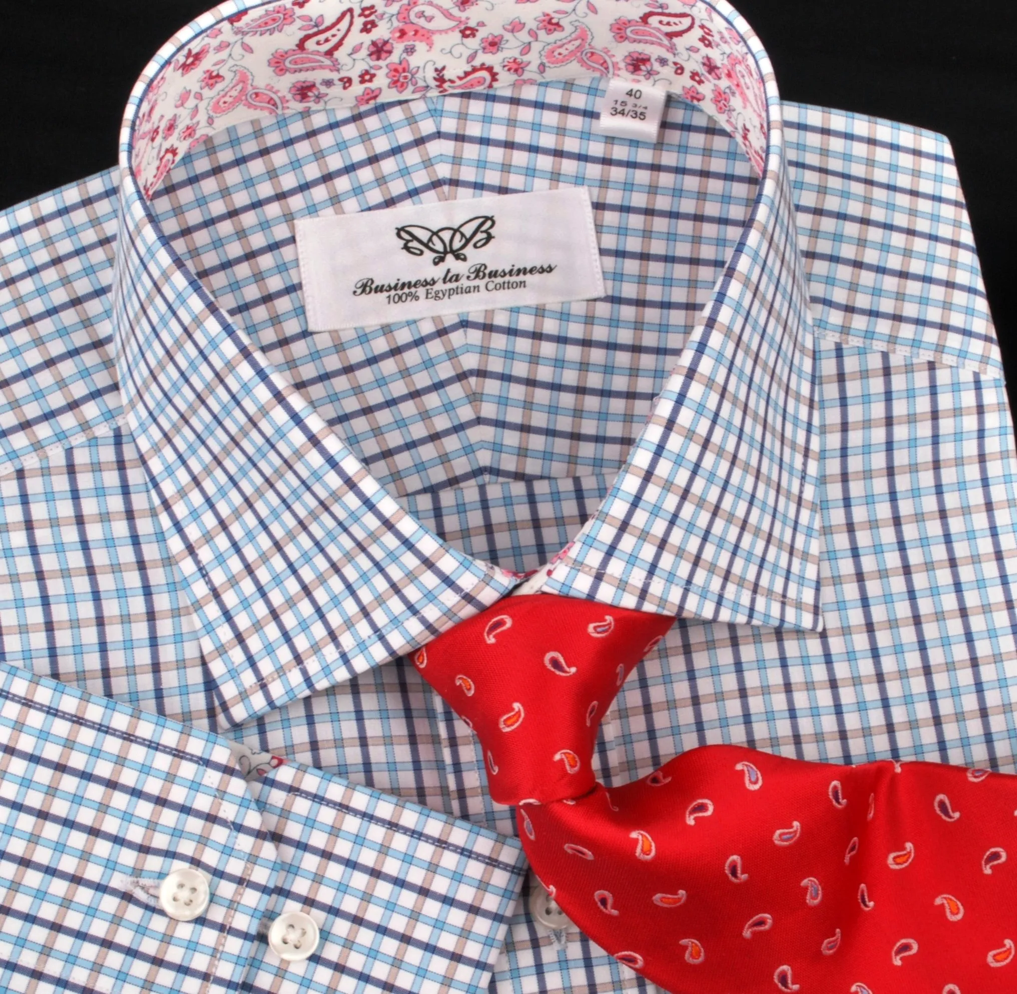 Blue Gingham Check Plaid Formal Business Dress Shirt Button Cuff Spread Collar Paisley Floral Inner Lining