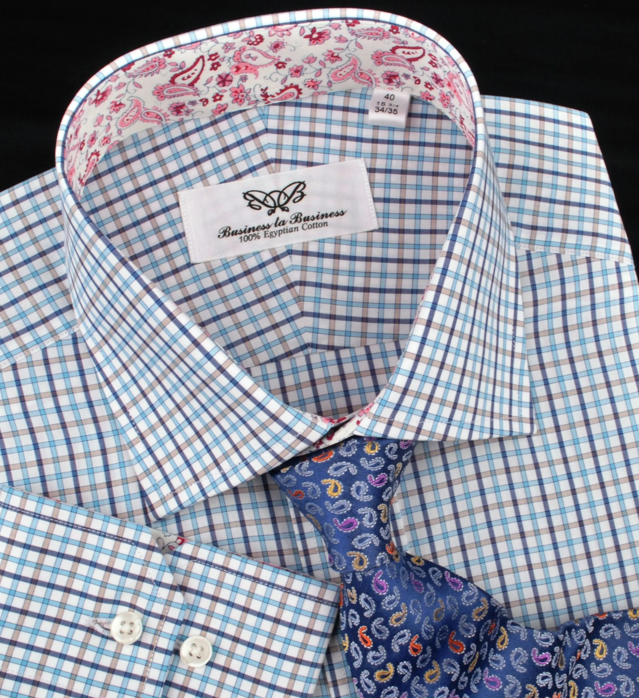 Blue Gingham Check Plaid Formal Business Dress Shirt Button Cuff Spread Collar Paisley Floral Inner Lining