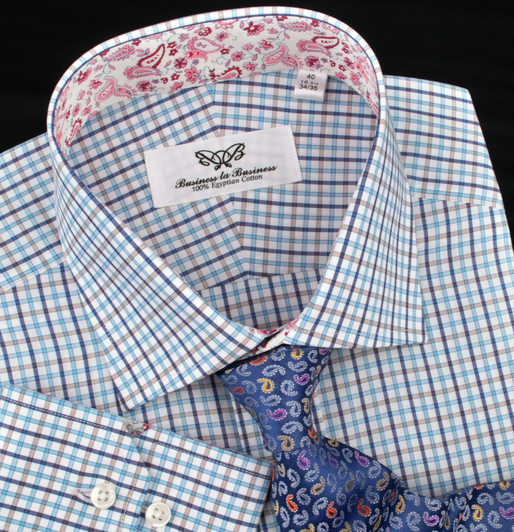 Blue Gingham Check Plaid Formal Business Dress Shirt Button Cuff Spread Collar Paisley Floral Inner Lining