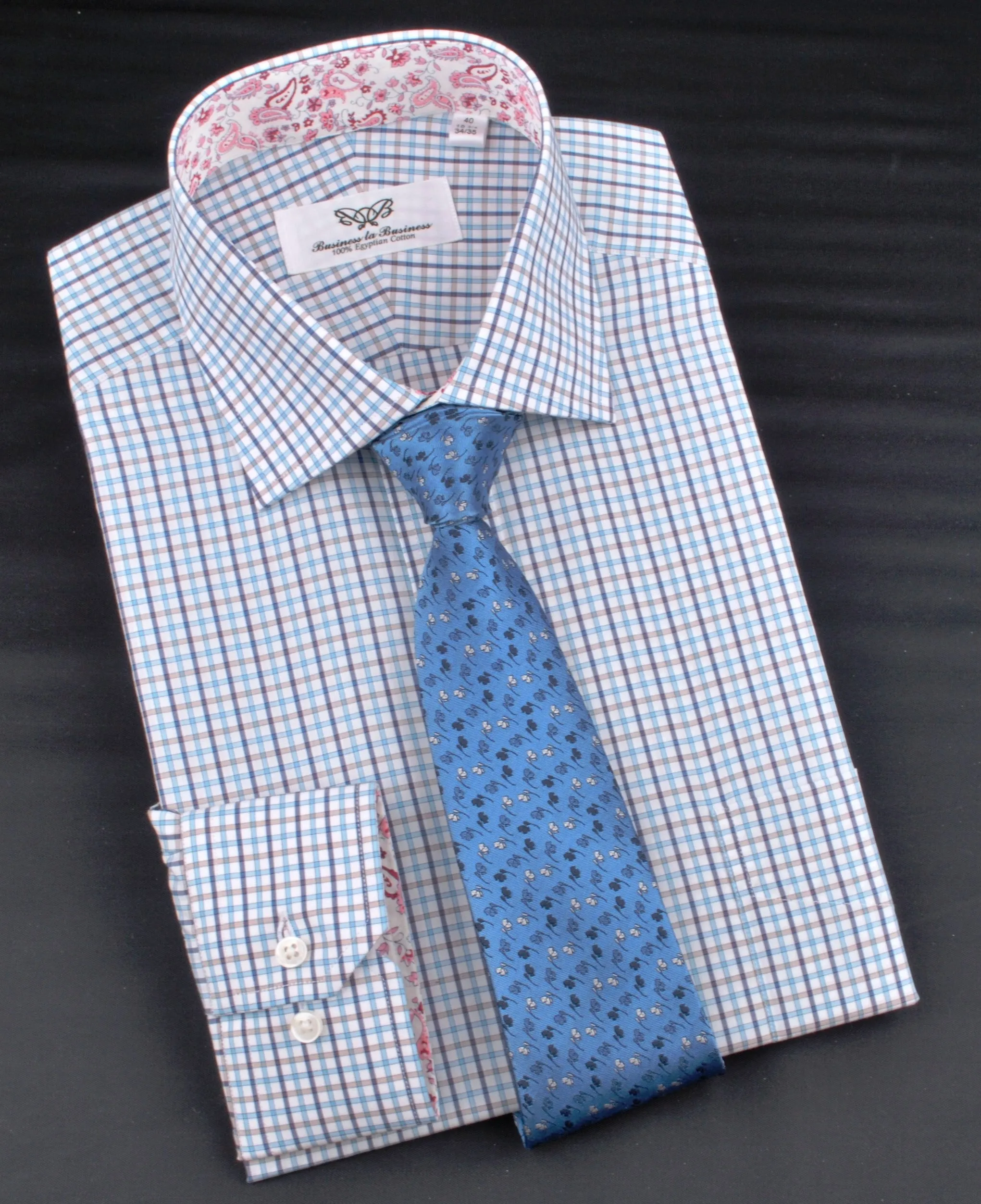 Blue Gingham Check Plaid Formal Business Dress Shirt Button Cuff Spread Collar Paisley Floral Inner Lining