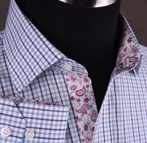 Blue Gingham Check Plaid Formal Business Dress Shirt Button Cuff Spread Collar Paisley Floral Inner Lining