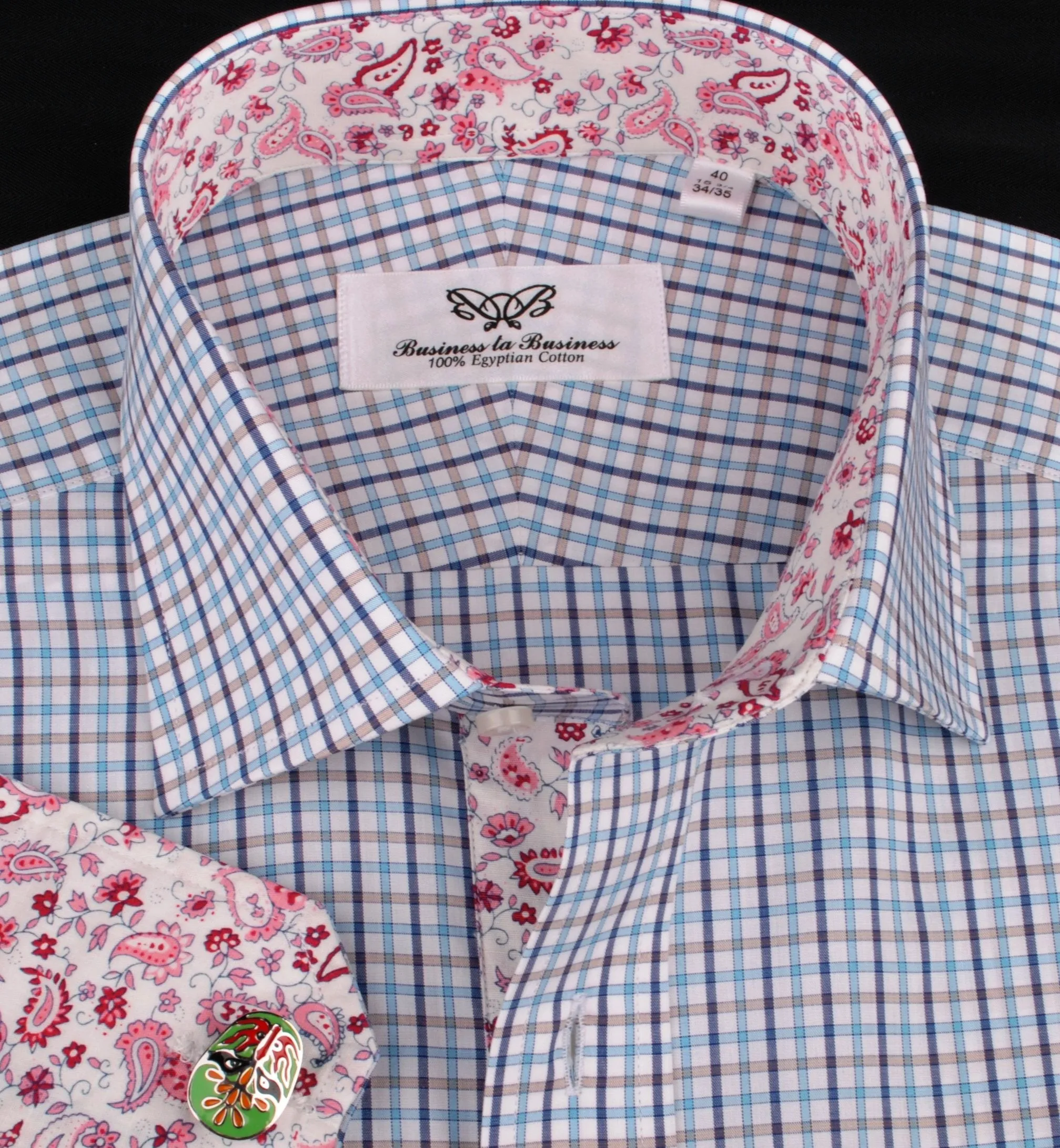 Blue Gingham Check Plaid Formal Business Dress Shirt Button Cuff Spread Collar Paisley Floral Inner Lining