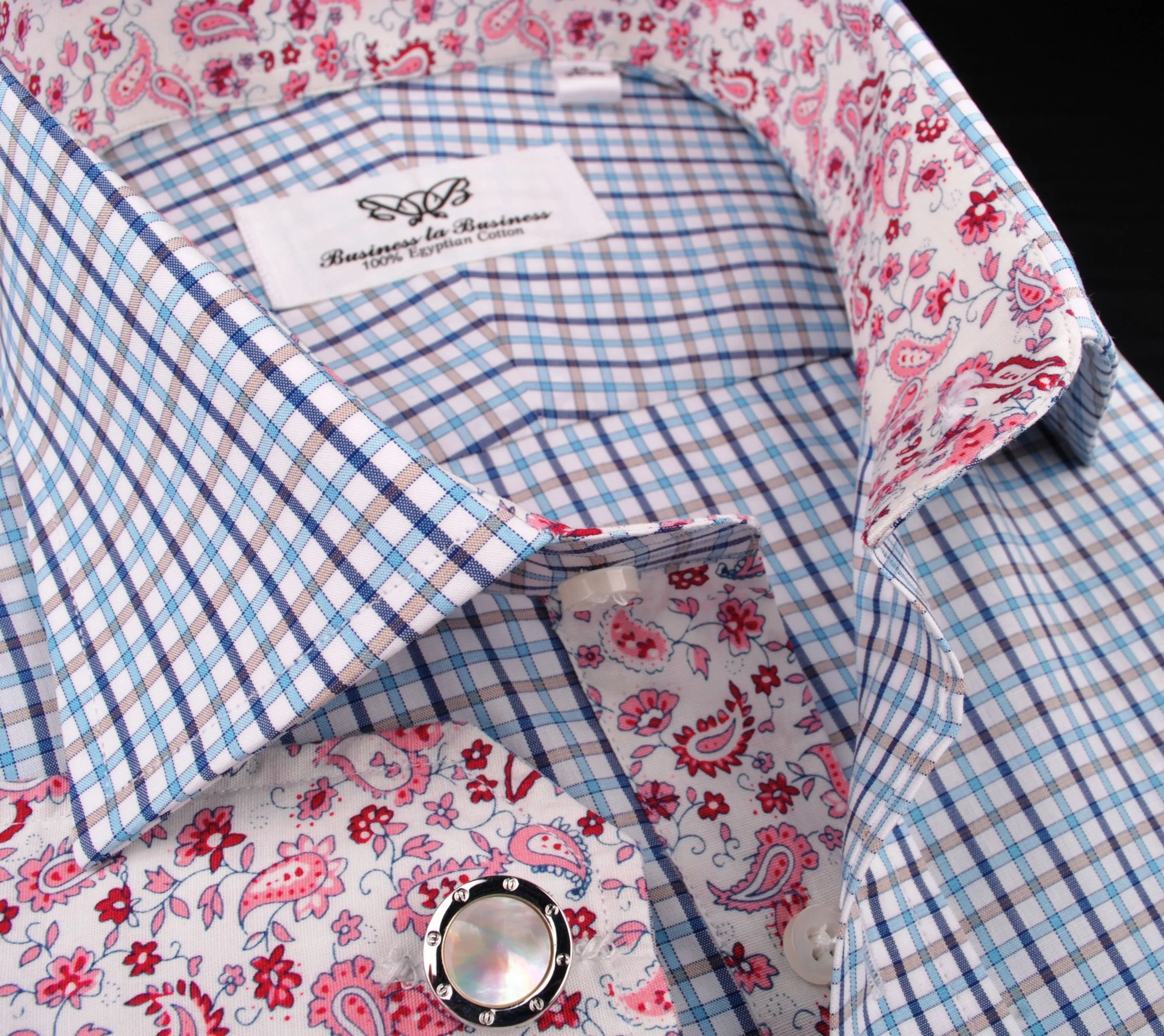 Blue Gingham Check Plaid Formal Business Dress Shirt Button Cuff Spread Collar Paisley Floral Inner Lining