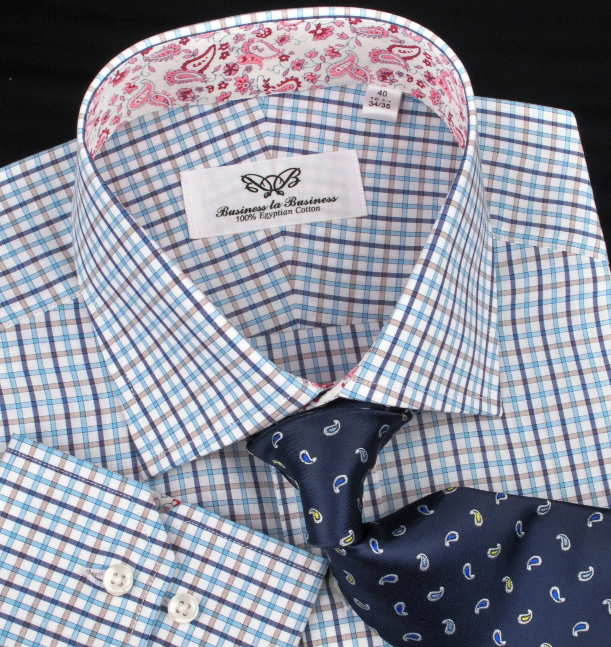 Blue Gingham Check Plaid Formal Business Dress Shirt Button Cuff Spread Collar Paisley Floral Inner Lining