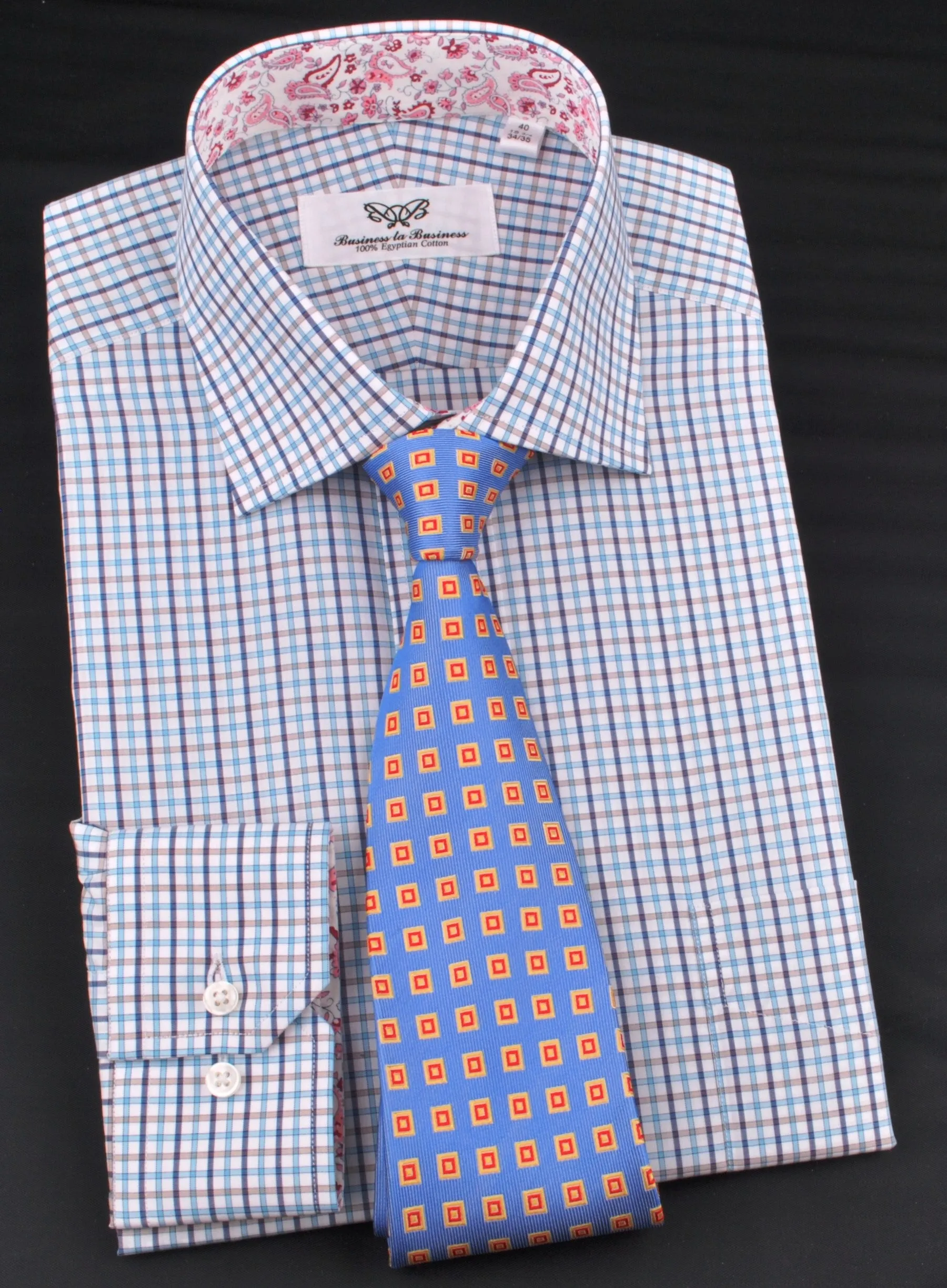 Blue Gingham Check Plaid Formal Business Dress Shirt Button Cuff Spread Collar Paisley Floral Inner Lining