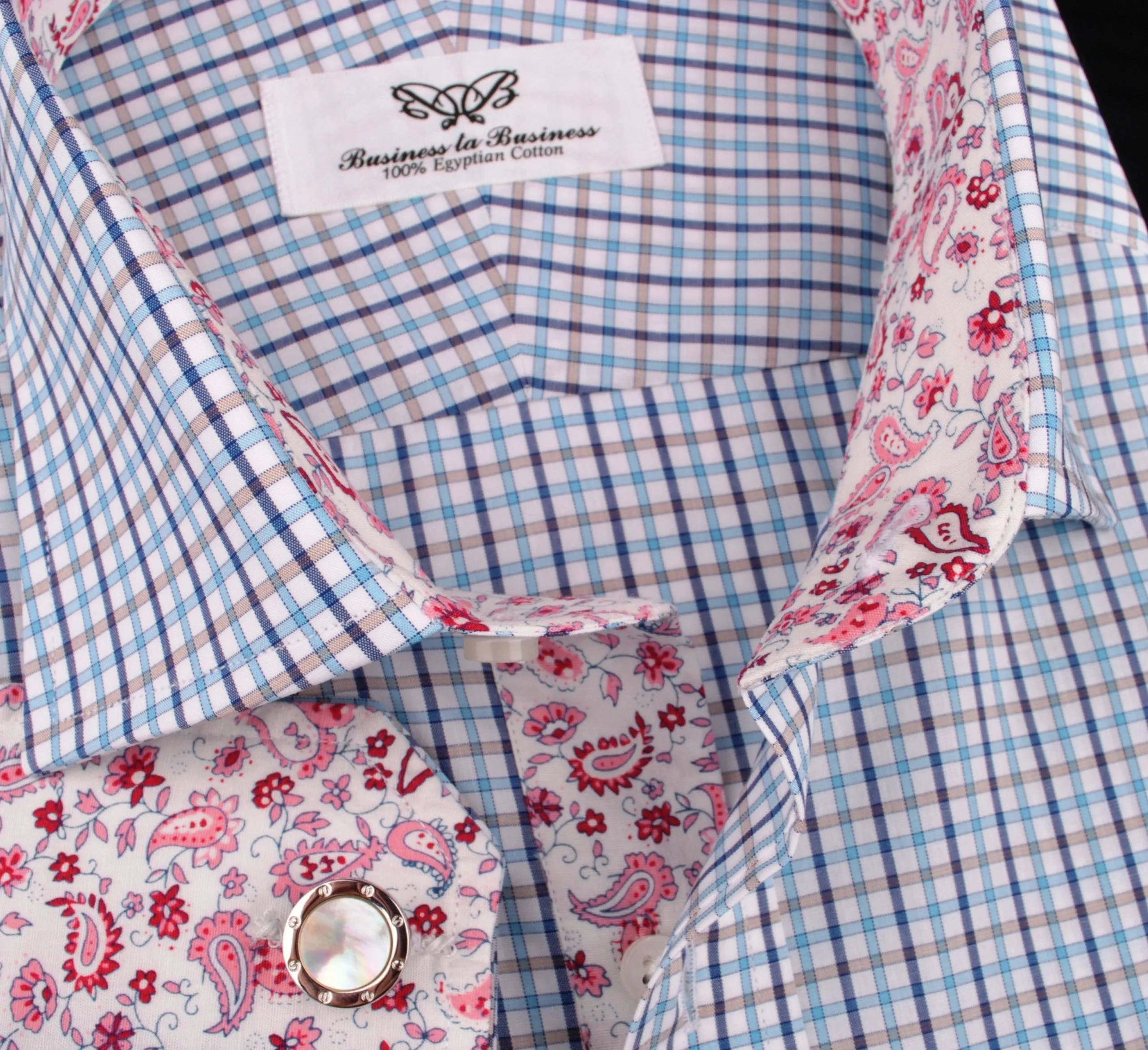 Blue Gingham Check Plaid Formal Business Dress Shirt Button Cuff Spread Collar Paisley Floral Inner Lining