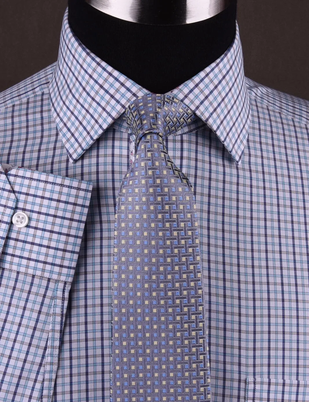 Blue Gingham Check Plaid Formal Business Dress Shirt Button Cuff Spread Collar Paisley Floral Inner Lining