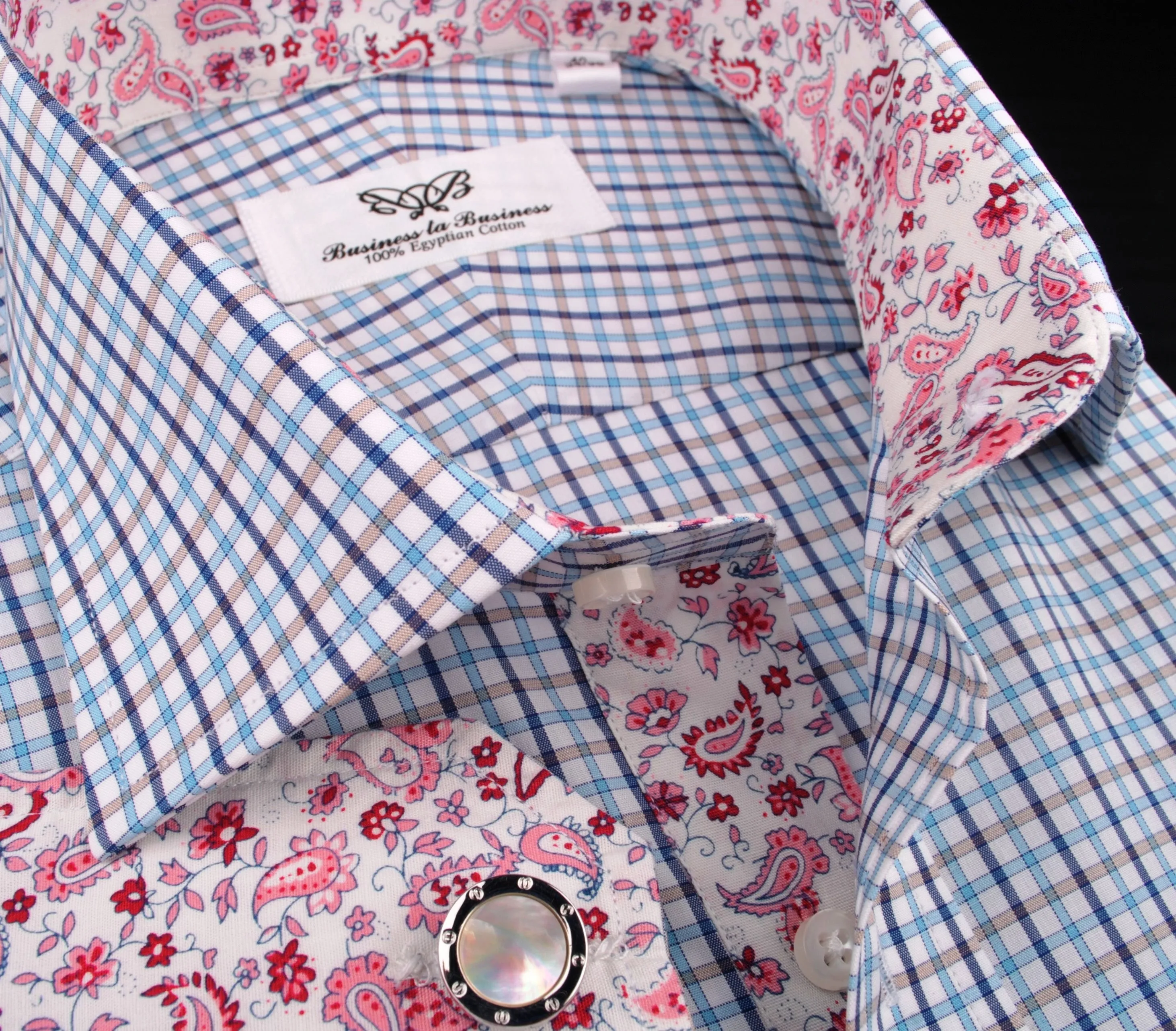 Blue Gingham Check Plaid Formal Business Dress Shirt Button Cuff Spread Collar Paisley Floral Inner Lining