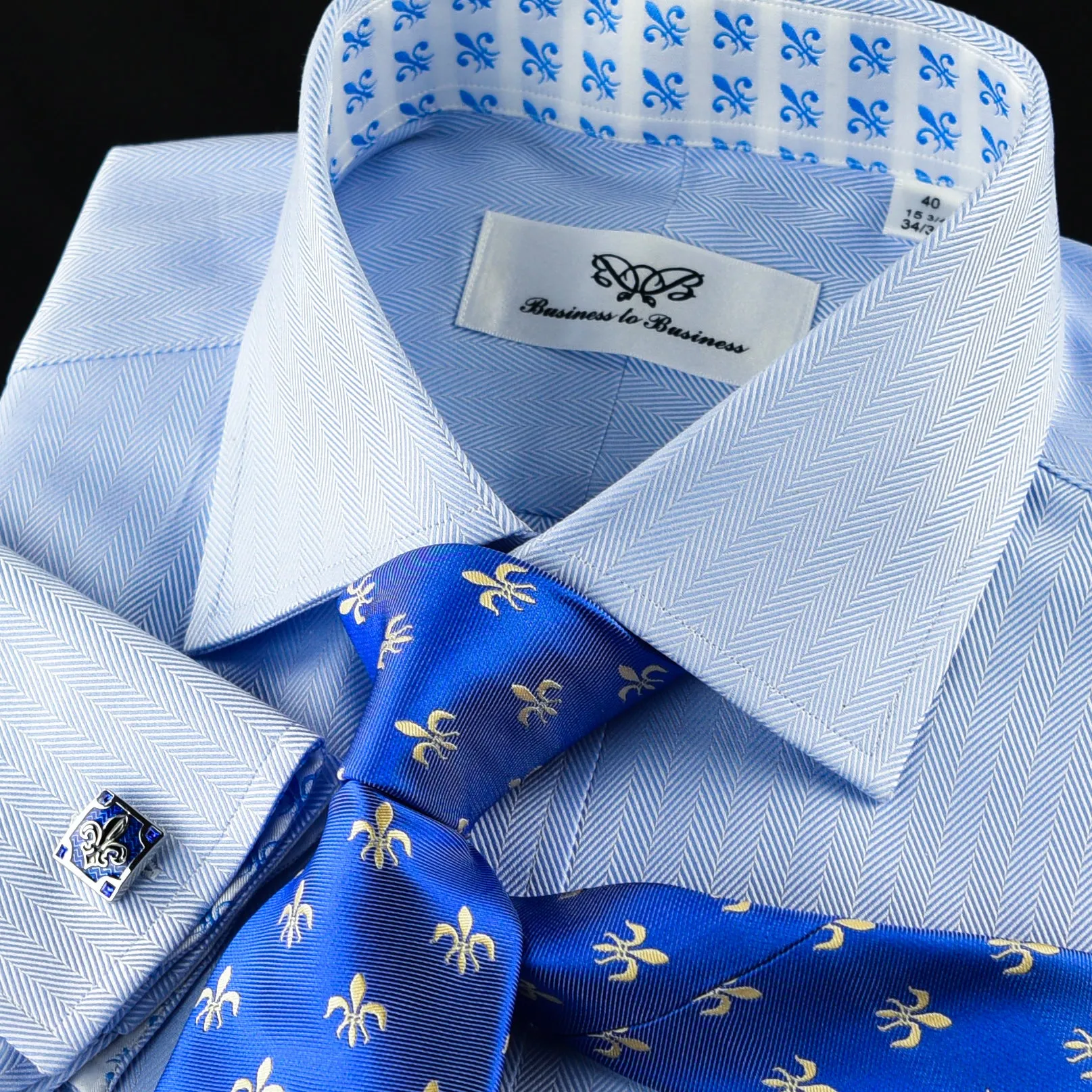 Blue Herringbone Formal Business Dress Shirt Blue Fleur-De-Lis Inner Lining Fashion