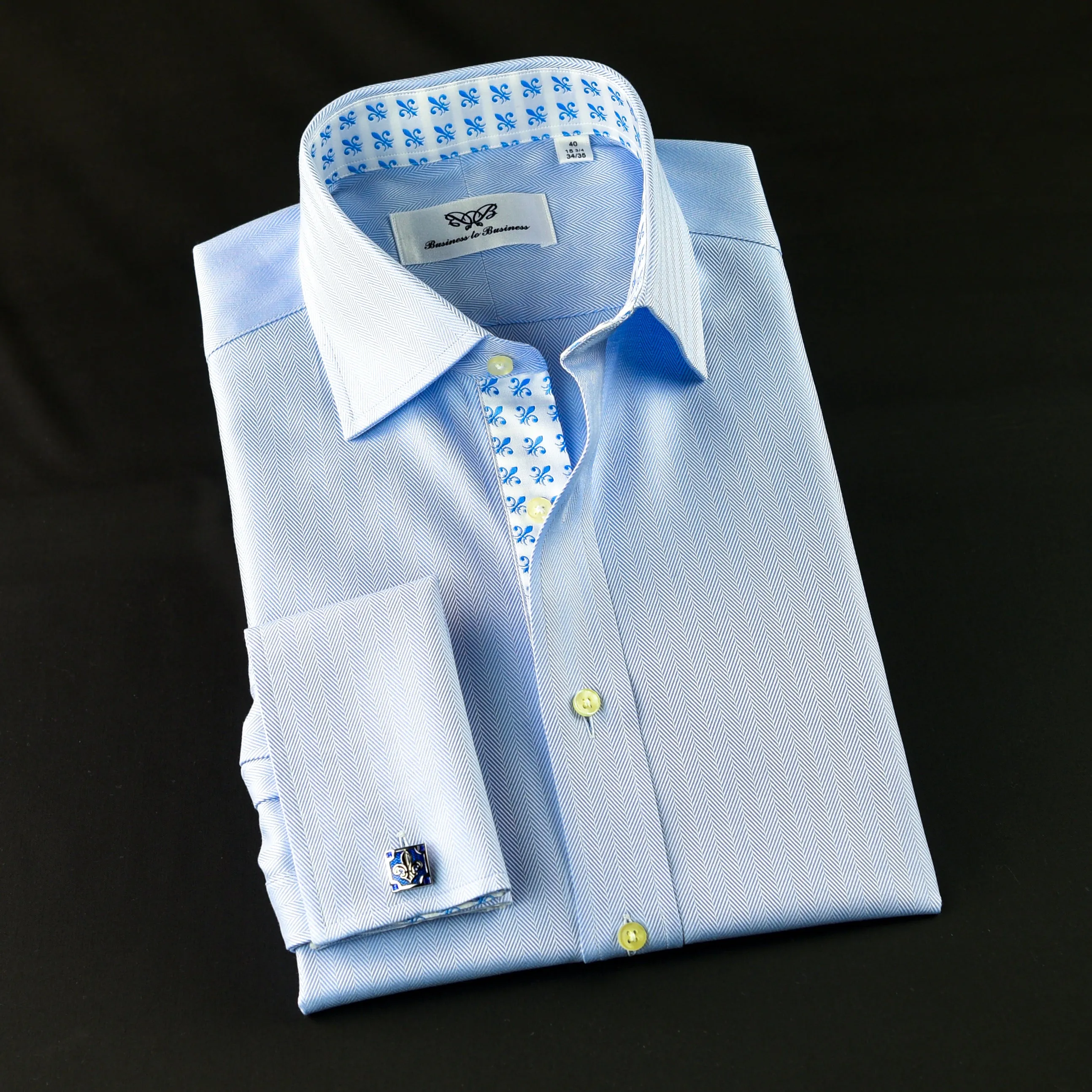 Blue Herringbone Formal Business Dress Shirt Blue Fleur-De-Lis Inner Lining Fashion