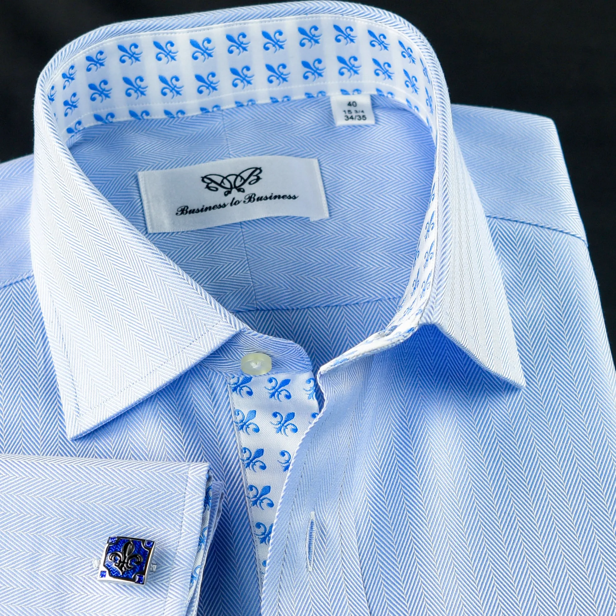 Blue Herringbone Formal Business Dress Shirt Blue Fleur-De-Lis Inner Lining Fashion