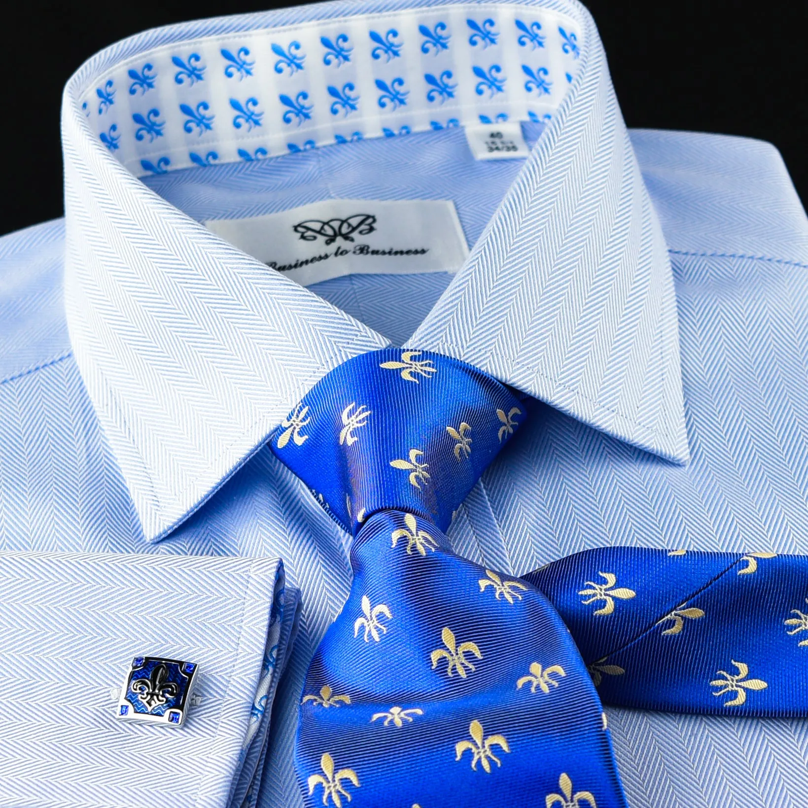 Blue Herringbone Formal Business Dress Shirt Blue Fleur-De-Lis Inner Lining Fashion