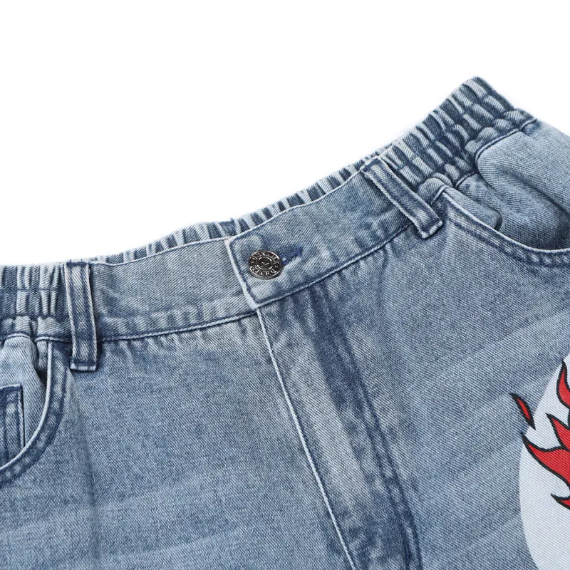 Blue Street Letter Flame Print Straight Jeans