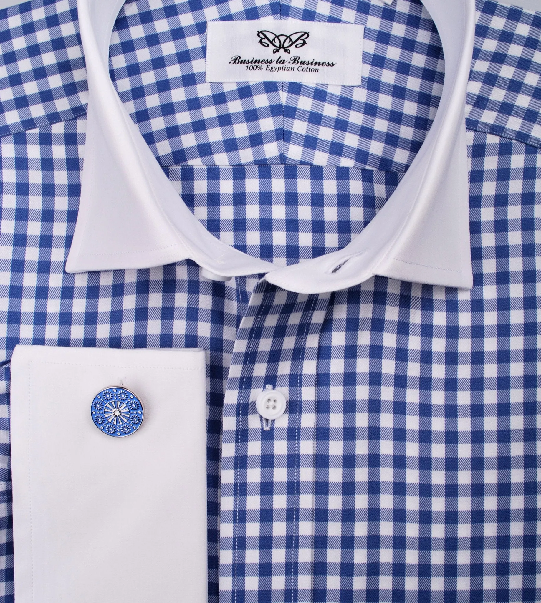 Blue Twill in Gingham Check Fashion Contrast Cuff Formal Business Dress Shirt White Collar Fashion