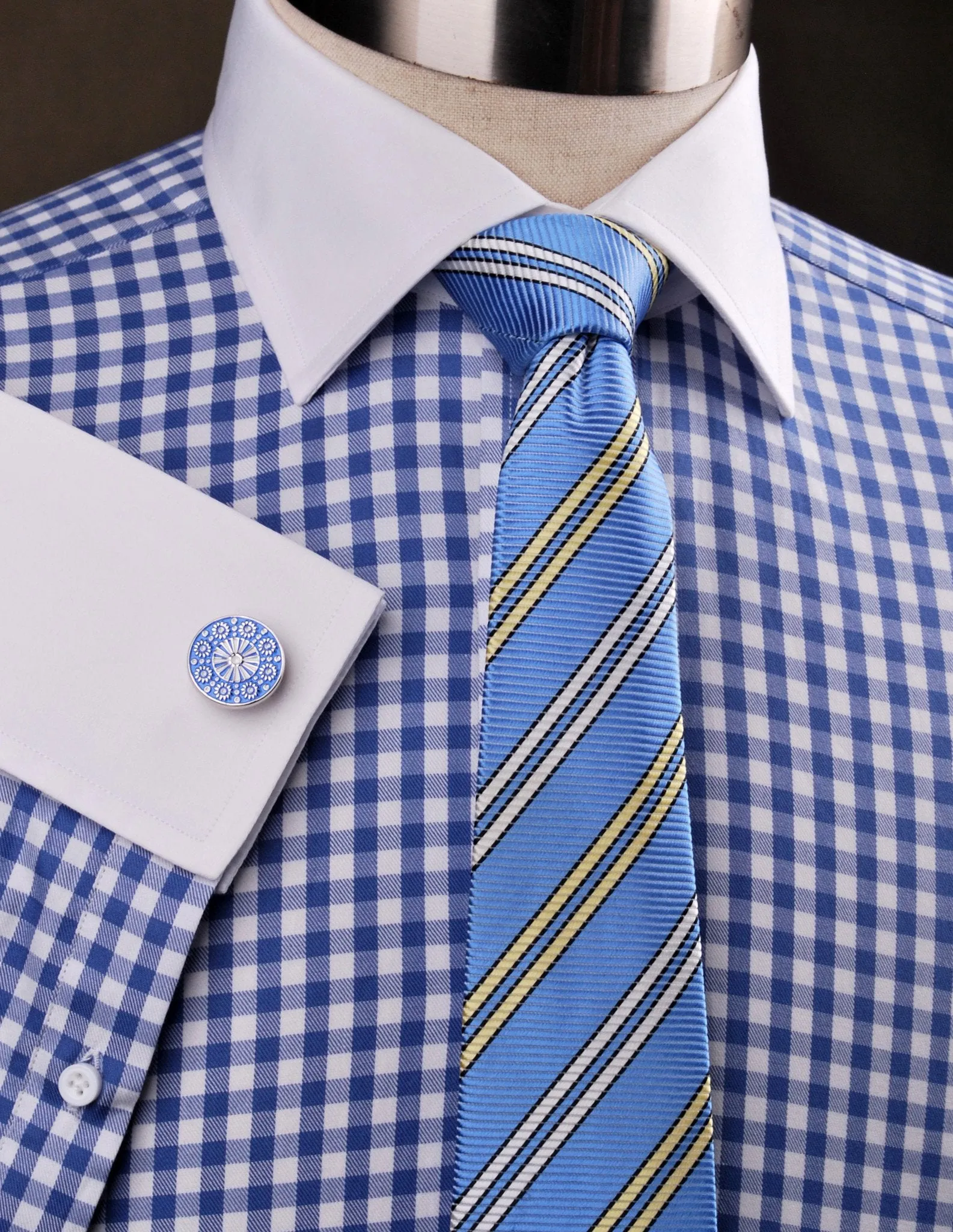 Blue Twill in Gingham Check Fashion Contrast Cuff Formal Business Dress Shirt White Collar Fashion