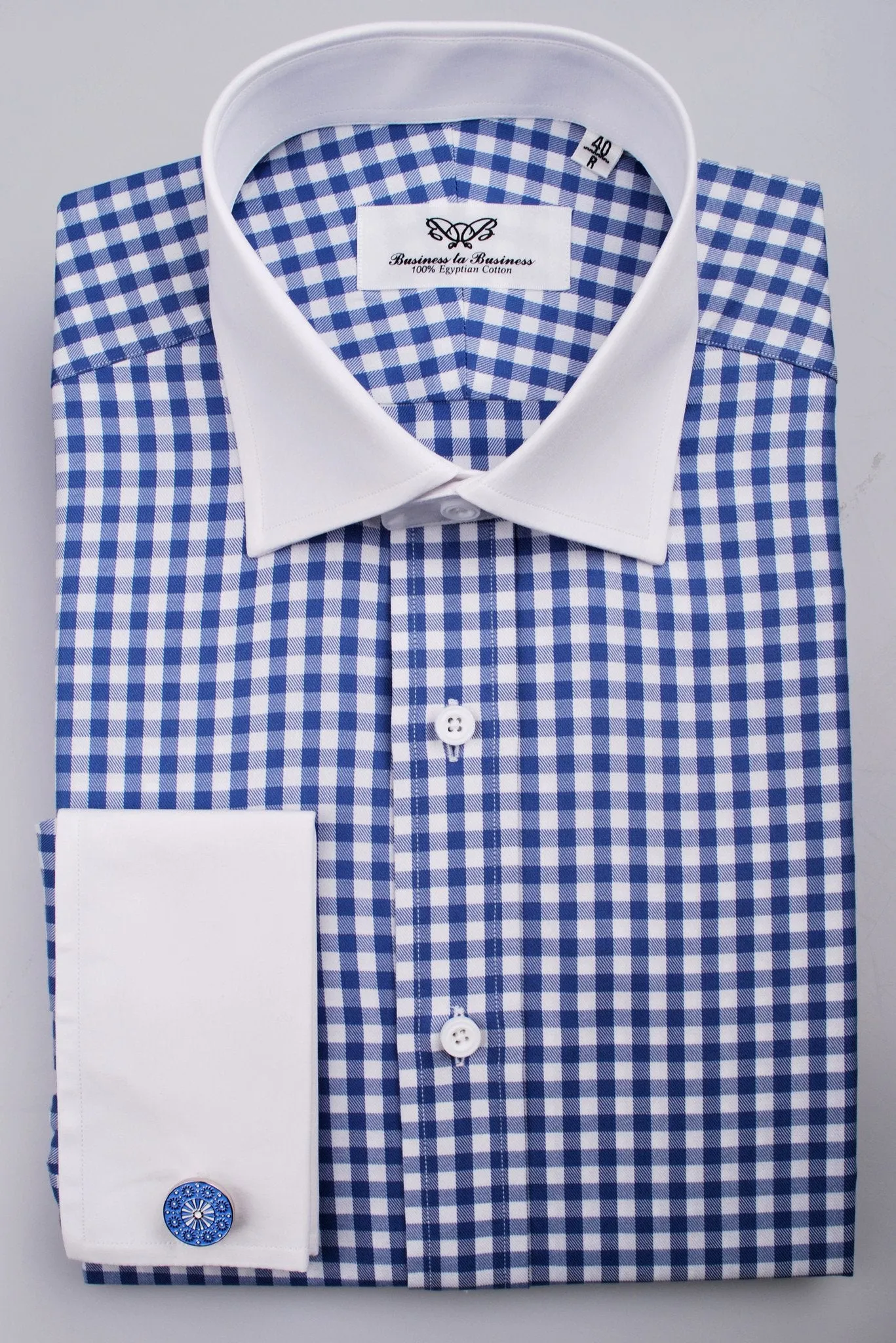 Blue Twill in Gingham Check Fashion Contrast Cuff Formal Business Dress Shirt White Collar Fashion