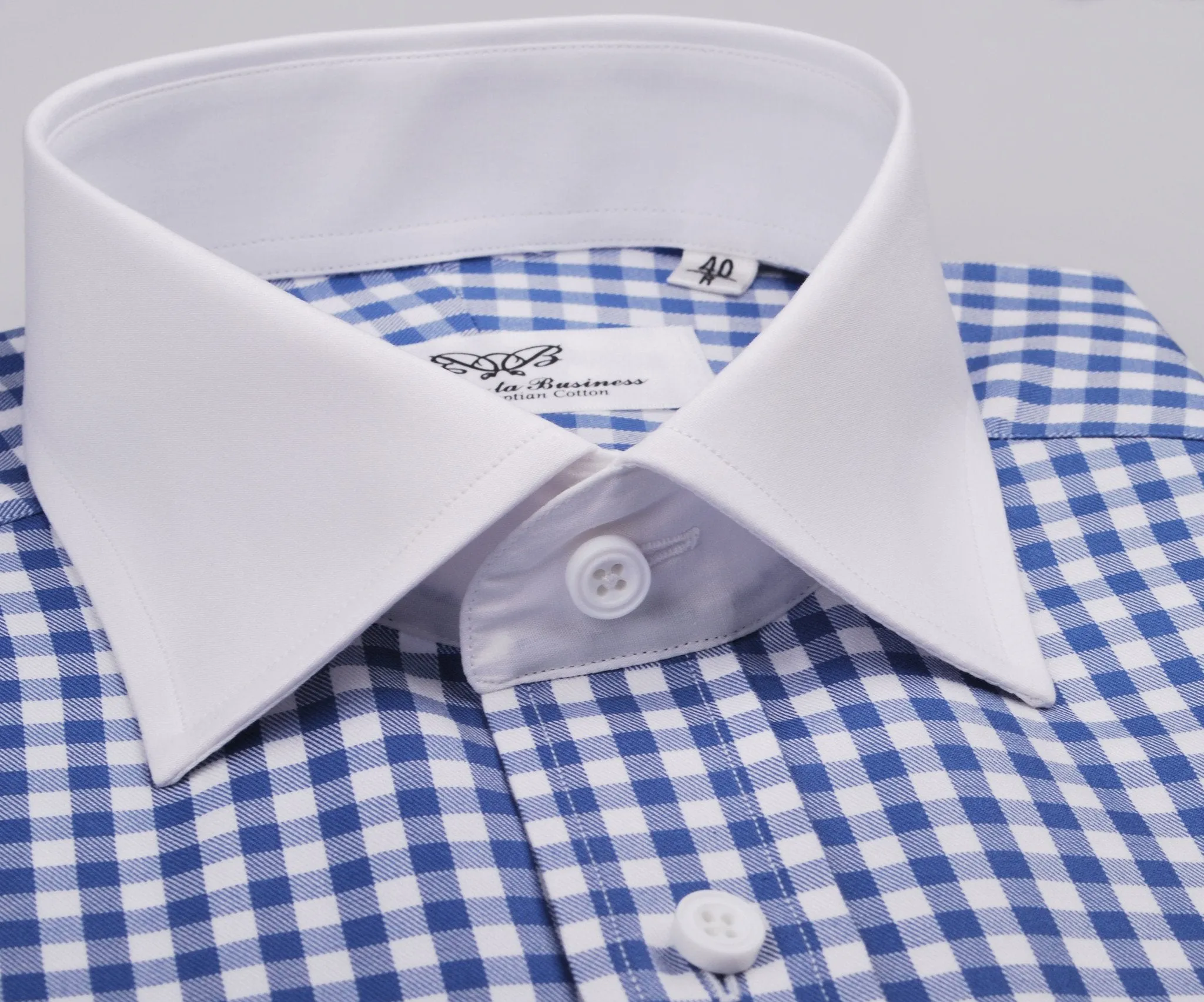 Blue Twill in Gingham Check Fashion Contrast Cuff Formal Business Dress Shirt White Collar Fashion