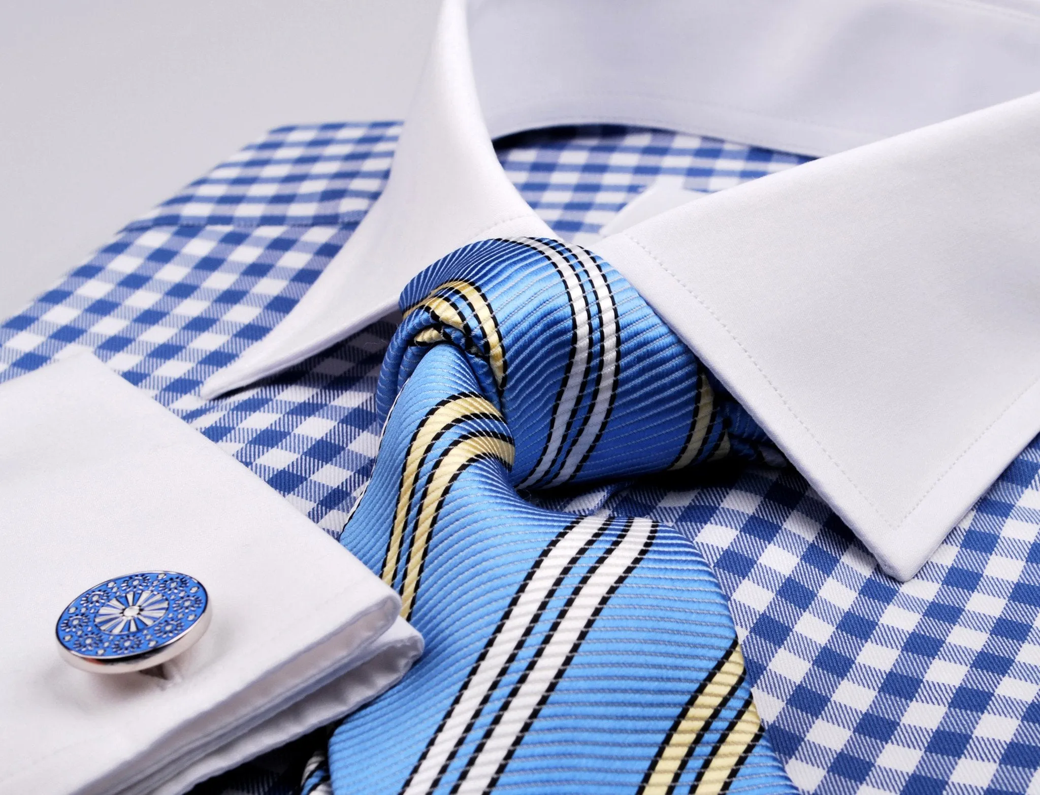 Blue Twill in Gingham Check Fashion Contrast Cuff Formal Business Dress Shirt White Collar Fashion