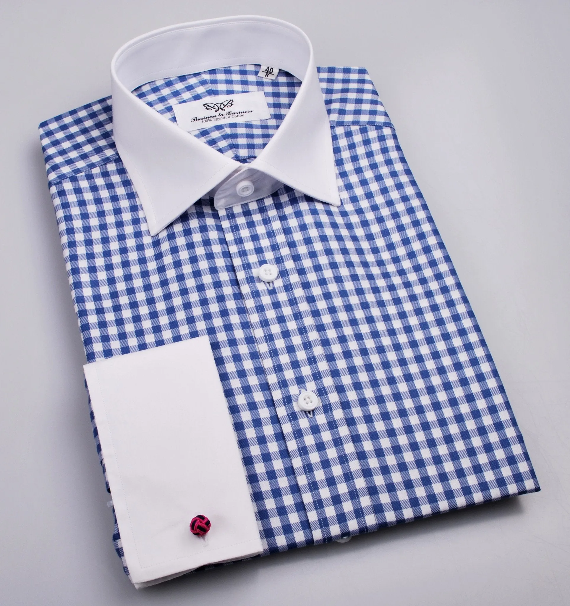 Blue Twill in Gingham Check Fashion Contrast Cuff Formal Business Dress Shirt White Collar Fashion