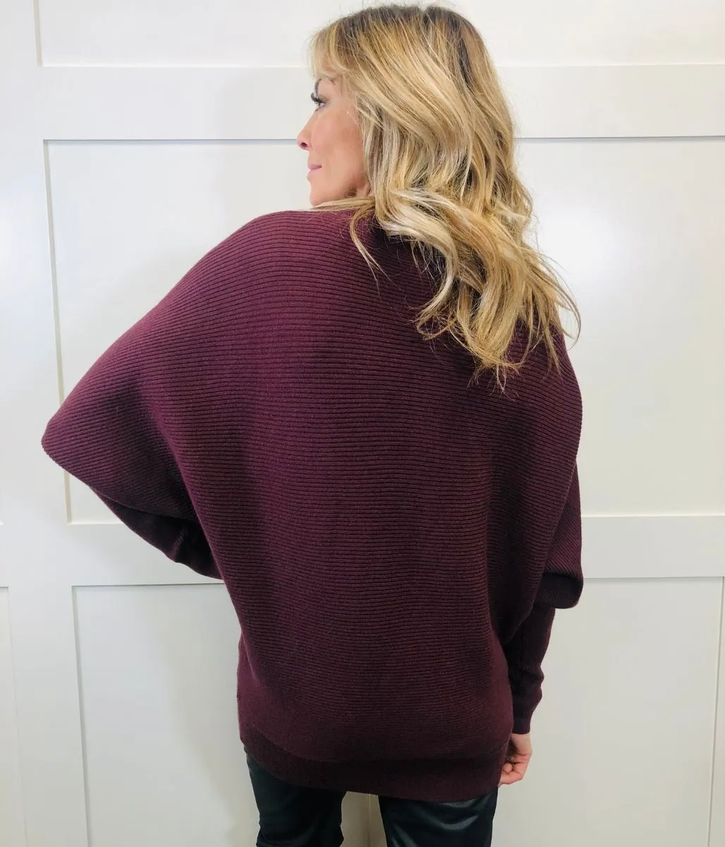 Burgundy Soft Ribbed Batwing Jumper