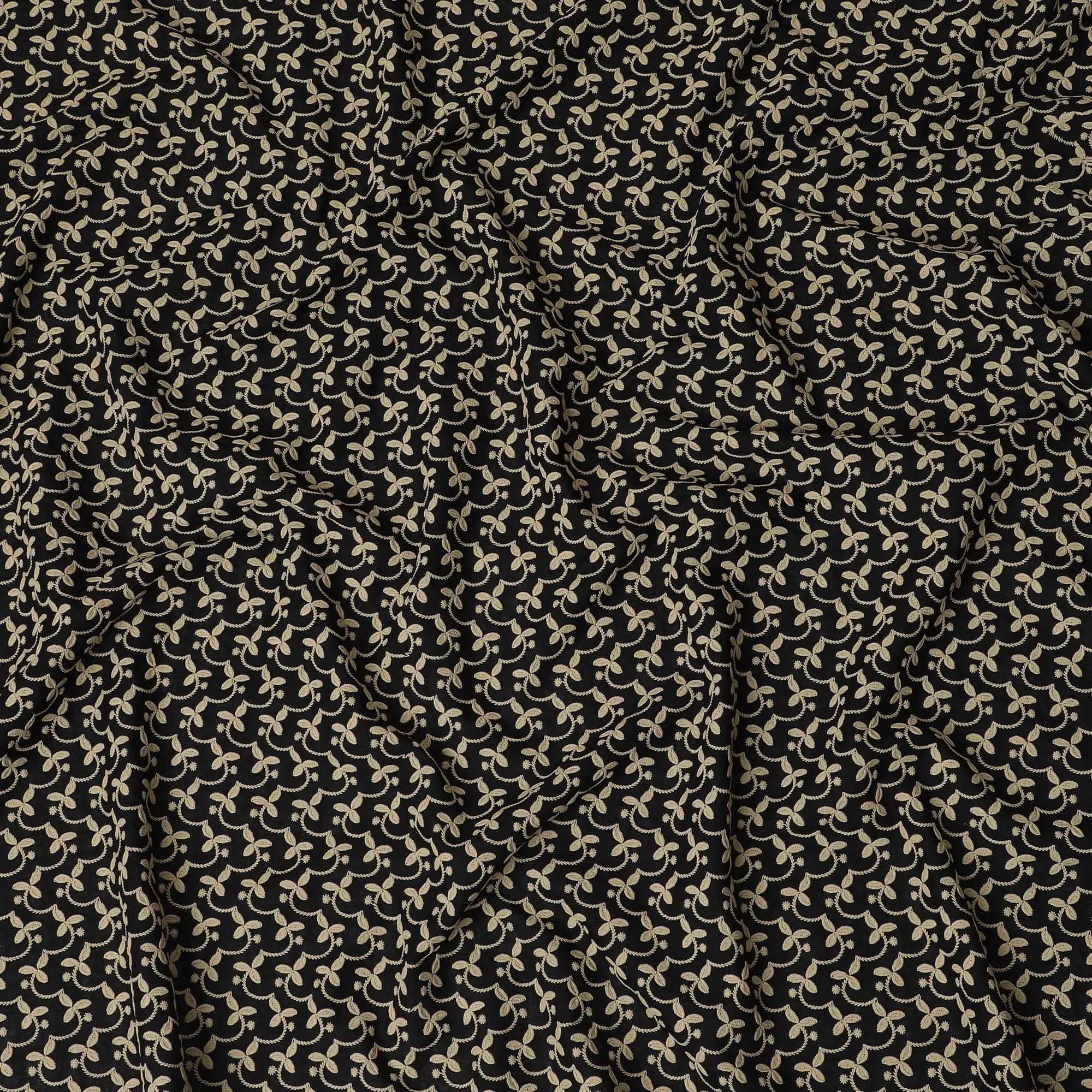 Classic Ebony and Gold Paisley Embroidered Cotton Lawn Fabric, 110cm Wide - Available by the Meter-D18866