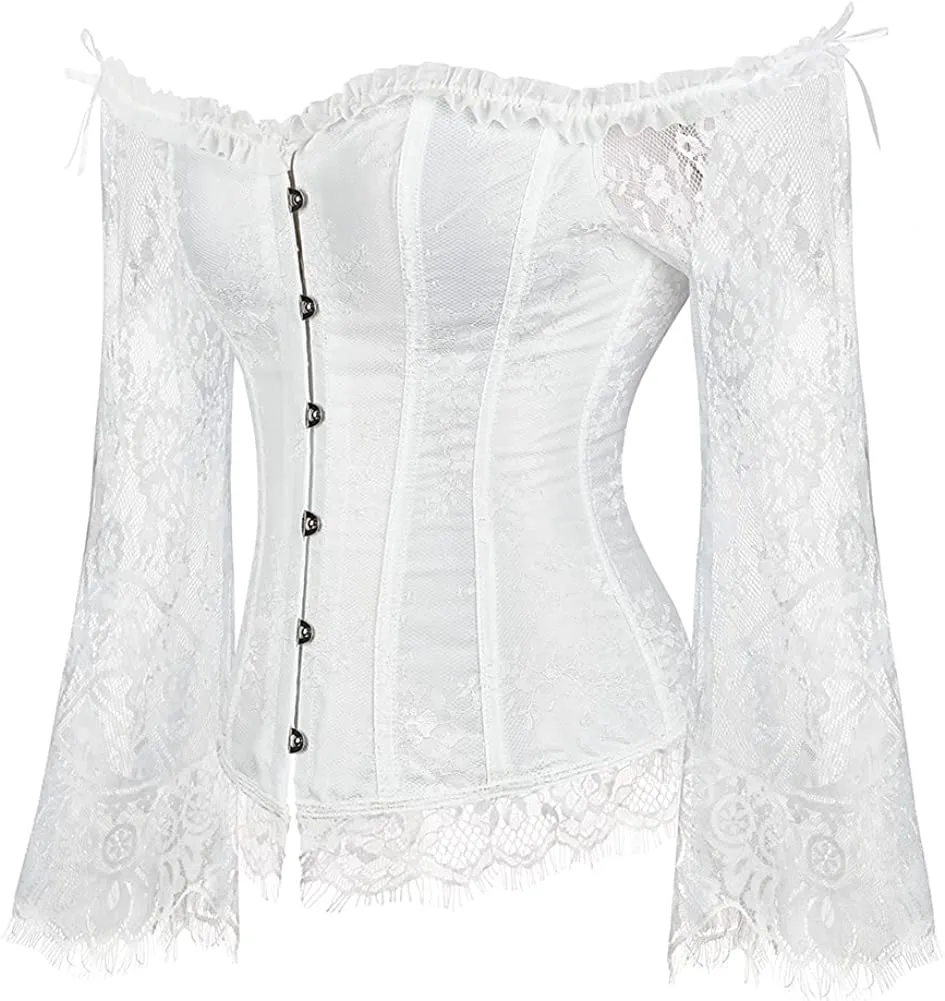 Corset Overbust Lace Up Tops for Women with Long Lace Sleeves