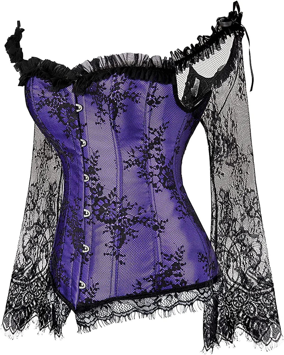 Corset Overbust Lace Up Tops for Women with Long Lace Sleeves