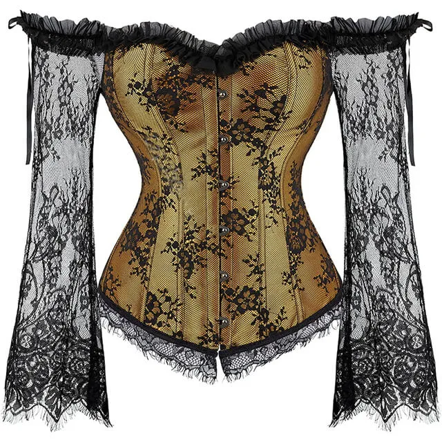 Corset Overbust Lace Up Tops for Women with Long Lace Sleeves