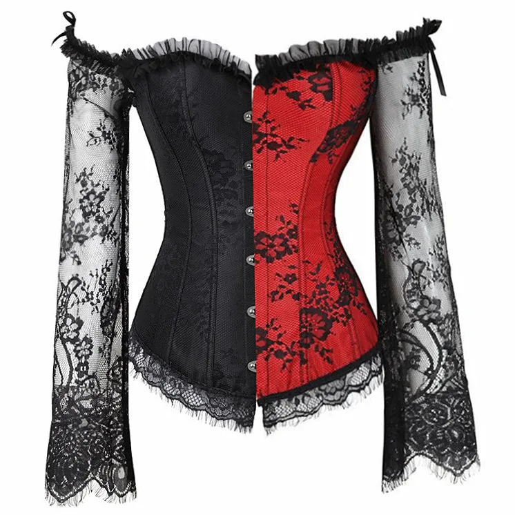 Corset Overbust Lace Up Tops for Women with Long Lace Sleeves