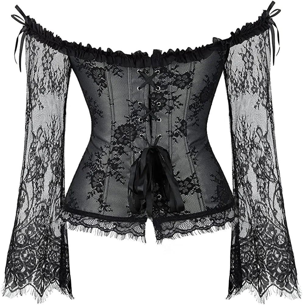 Corset Overbust Lace Up Tops for Women with Long Lace Sleeves