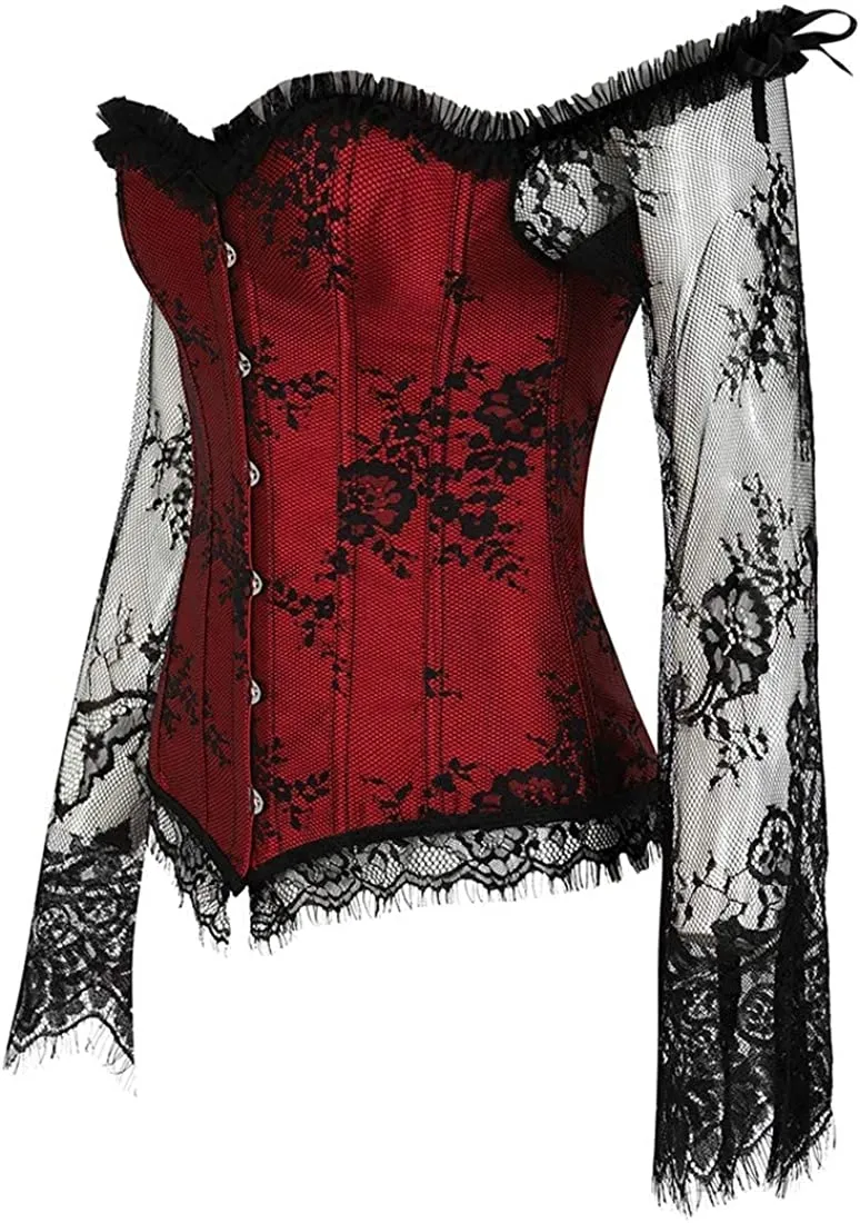 Corset Overbust Lace Up Tops for Women with Long Lace Sleeves