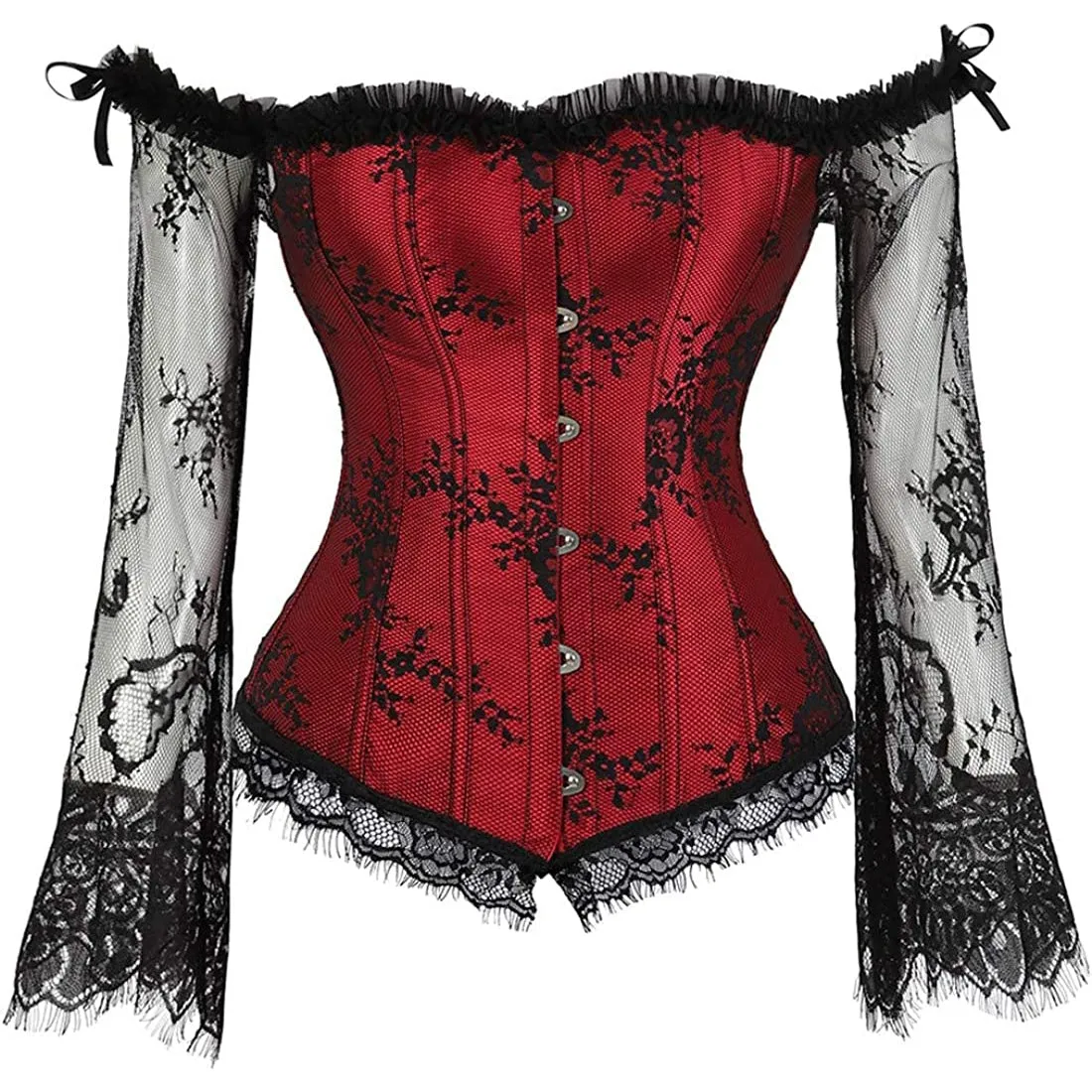 Corset Overbust Lace Up Tops for Women with Long Lace Sleeves