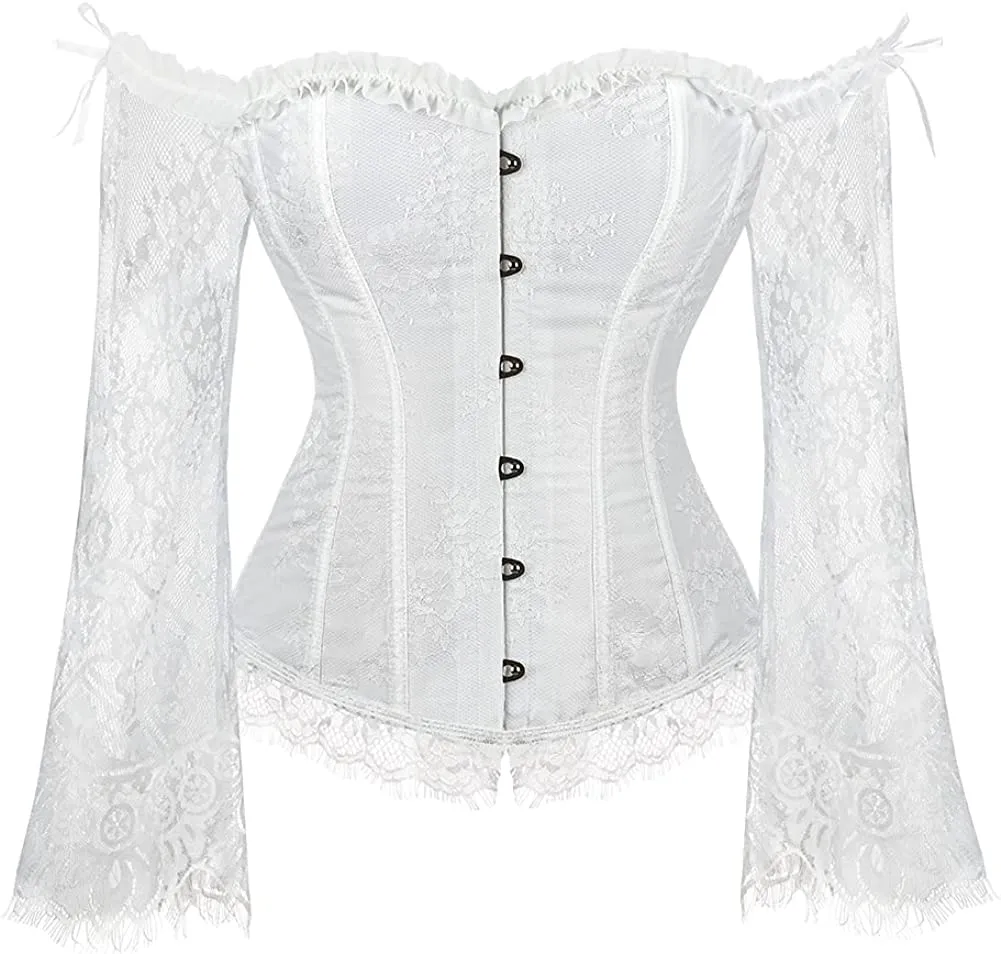 Corset Overbust Lace Up Tops for Women with Long Lace Sleeves