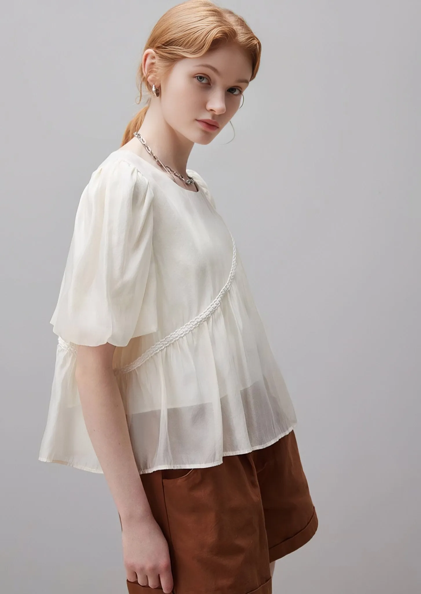 DESIGN SENSE NICHE LADIES STITCHING LOOSE PUFF SLEEVE SHIRT