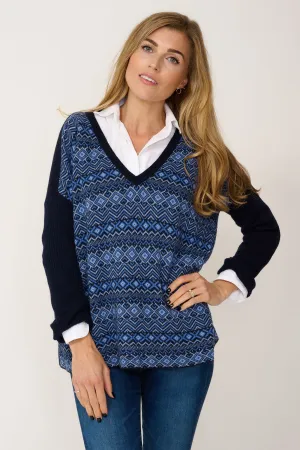 Double Ply Fairisle Cashmere Mix Sweater in Navy & Blue