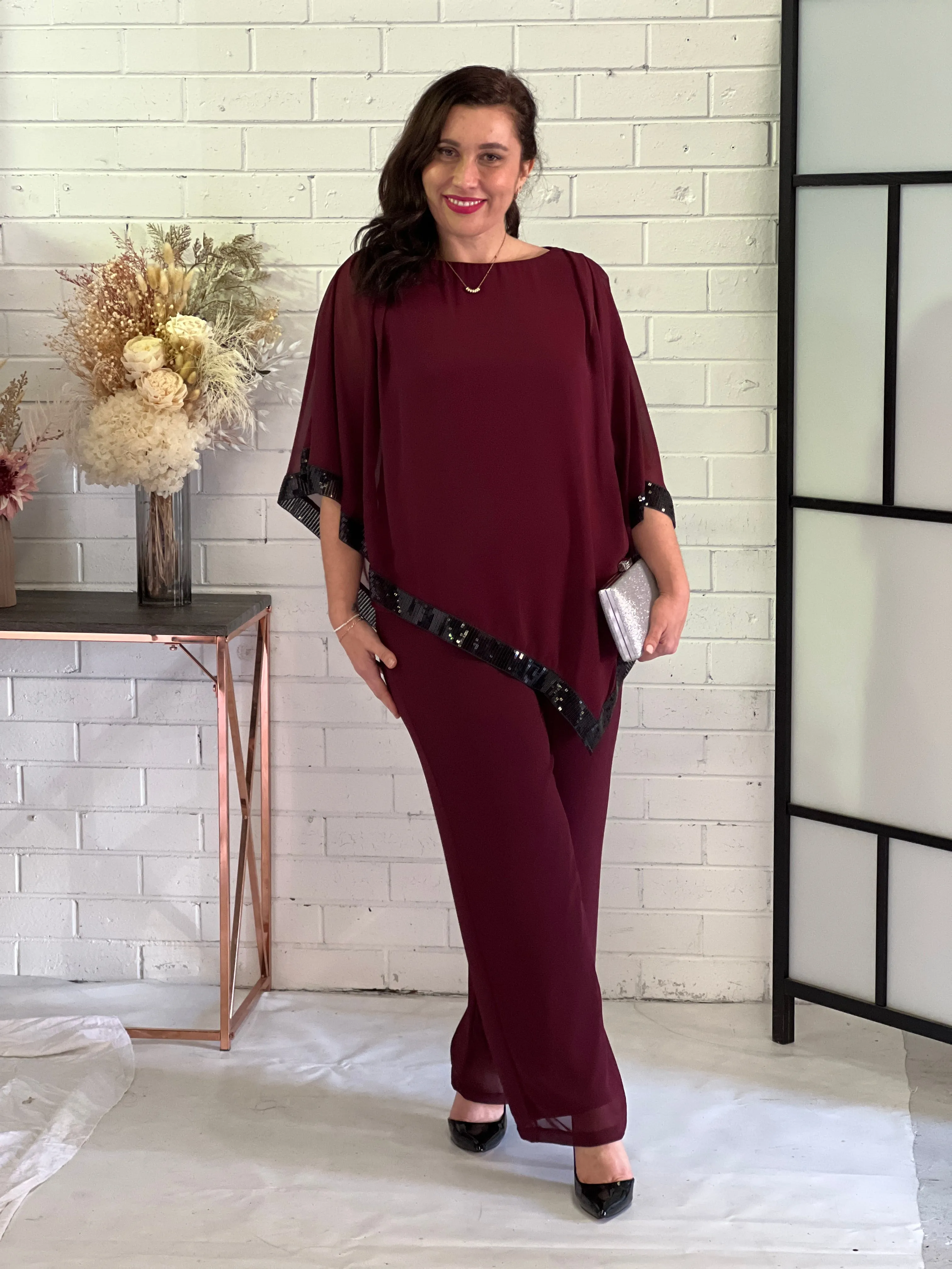 Faith Burgundy Chiffon Pants