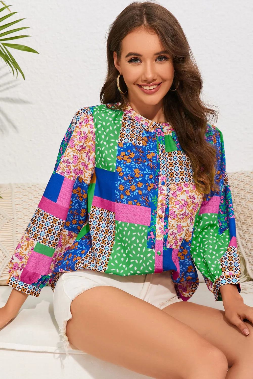 Floral Patchwork Puff Sleeve Shirt