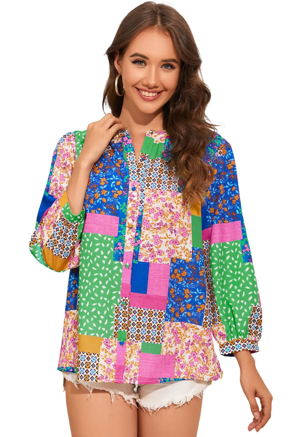 Floral Patchwork Puff Sleeve Shirt