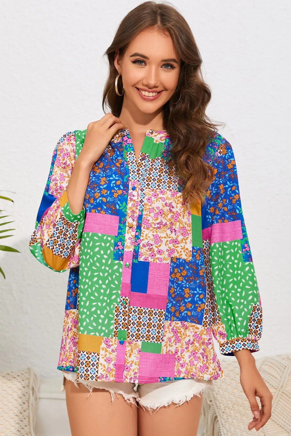 Floral Patchwork Puff Sleeve Shirt