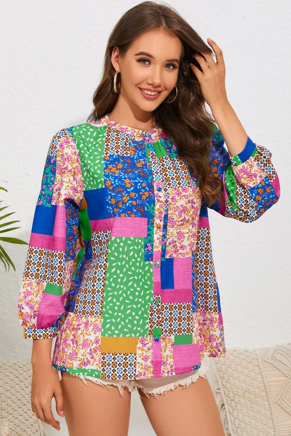 Floral Patchwork Puff Sleeve Shirt