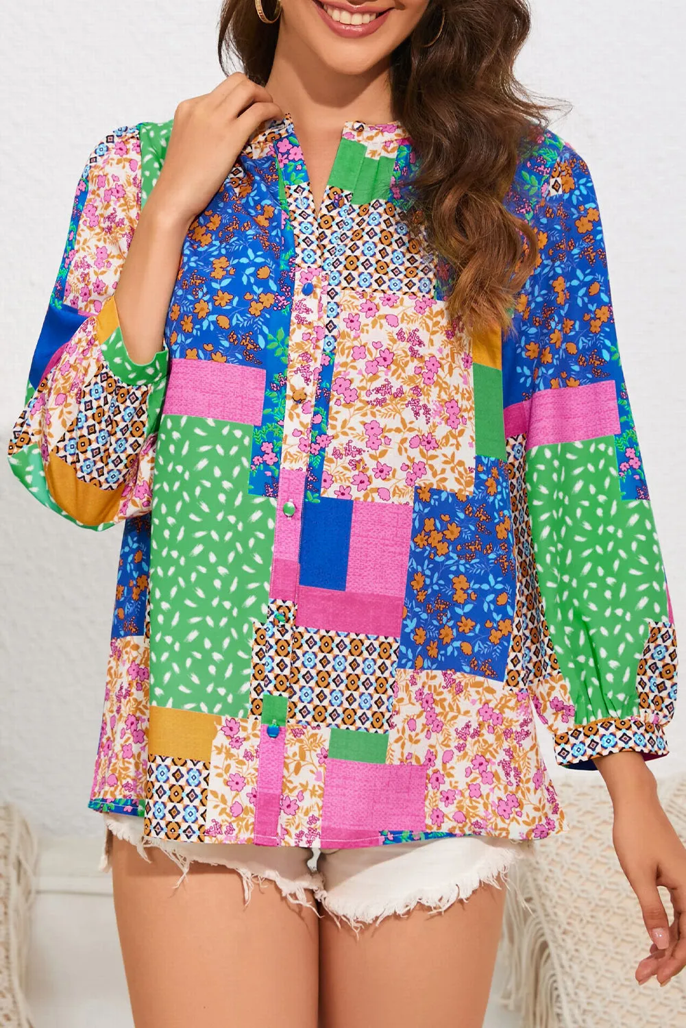 Floral Patchwork Puff Sleeve Shirt