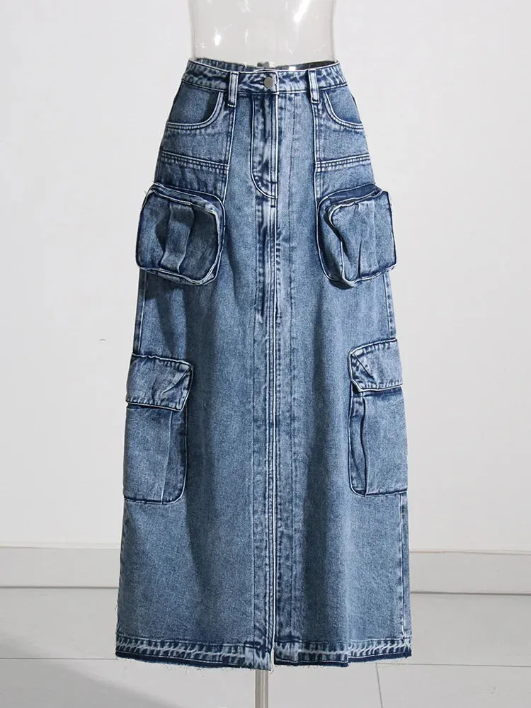 HEYFANCYSTYLE Cargo Denim Skirts High Waist