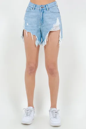 High Waist Fringed Hem Women Denim Shorts